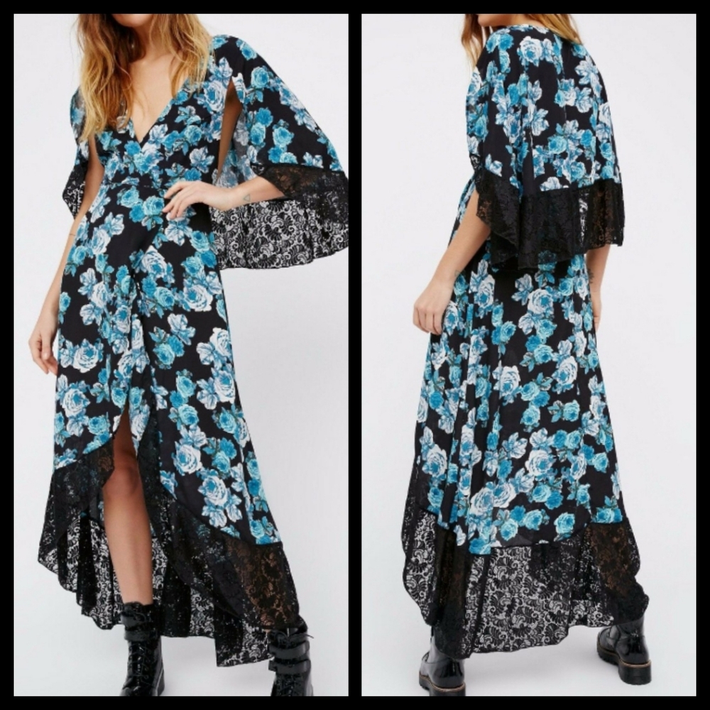 Free People Black and Blue Floral Maxi Dress